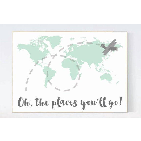 Mint World Map Travel Nursery Poster
