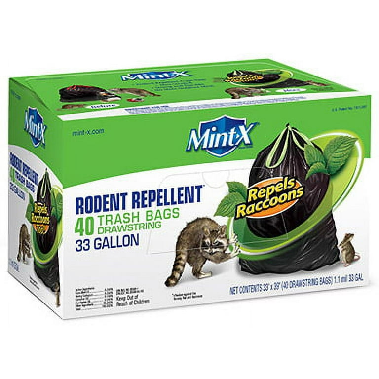 Mint-X Plastic 33 Gallon Drawstring Rodent Repellent Trash Bag, 1.1 Mil,  Flat Seal, 39 Height x 33 Length, Black (Pack of 90)
