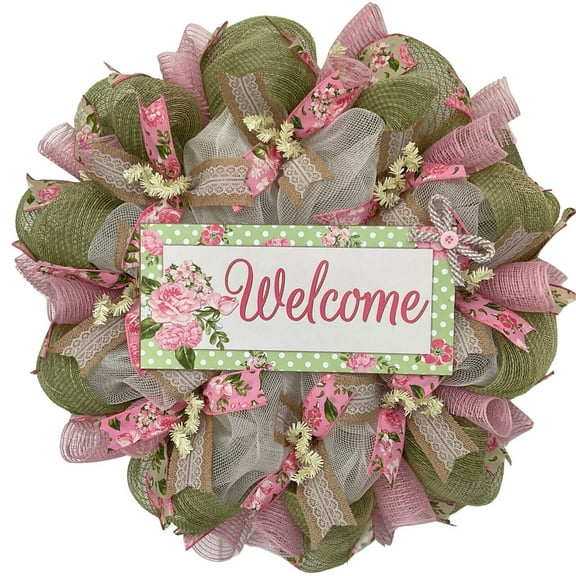 Mint and Pink Spring Floral Welcome Wreath Handmade Deco Mesh