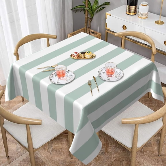 Mint and White Stripes Soft Tablecloth Square Dinng Table Covers for Kitchen & Table Linens 60" x 60"