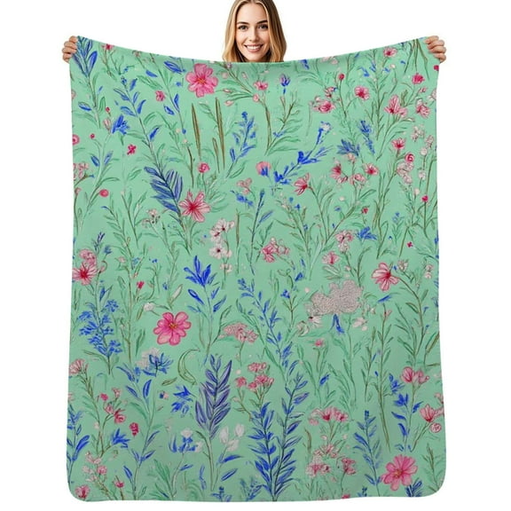 Mint green floral textile design Flannel Blanket Warm Soft Bedding Throws Winter Camping Chair Sofa Bed