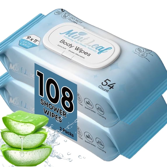 MintLeaf XL Adult Body Wipes | Bath Wipes For Adults Bathing No Rinse | Hypoallergenic Wipes For Incontinence And Cleansing Elderly | With Vitamin E Aloe Scent | 2 Packs 108 Count