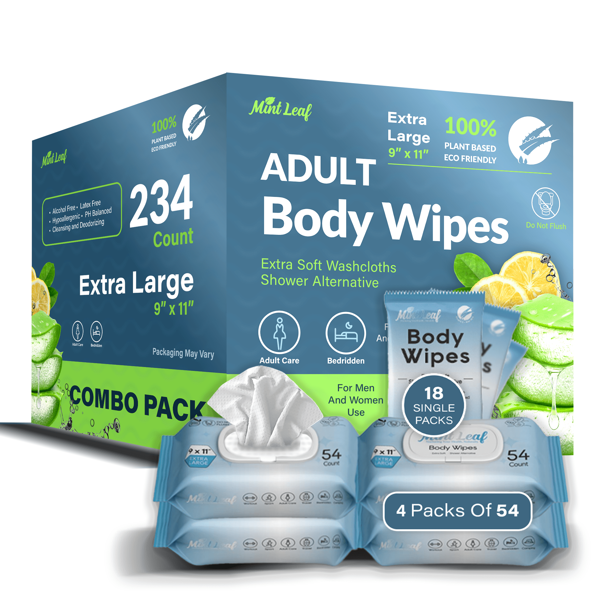 MintLeaf XL Body Wipes Adults Bathing No Rinse | Hypoallergenic Wipes For Incontinence And Cleansing Elderly | With Vitamin E Aloe Scent | 216 Count + 18 Indv Wipes