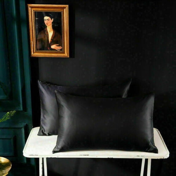 MintLimit 2Pcs Solid Satin Silk Pillow Cases Cushion Cover Pillowcase Bedding 48*74cm Black