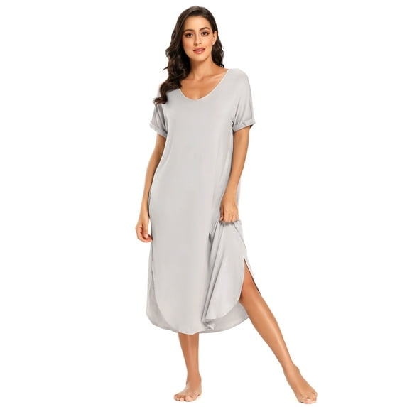 MintLimit Sleepwear Long Women Nightgown Cotton Sleep Ladies Shirt Dress Side Split Long Sleeve Scoopneck Sleep Tee Nightshirt Silver XL
