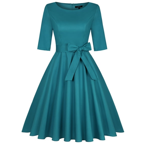 MintLimit Women's 1920s Retro Vintage Solid Half Sleeve Crew Neck Bowknot High Waist Pleated A-line Cocktail Party Swing Dress
