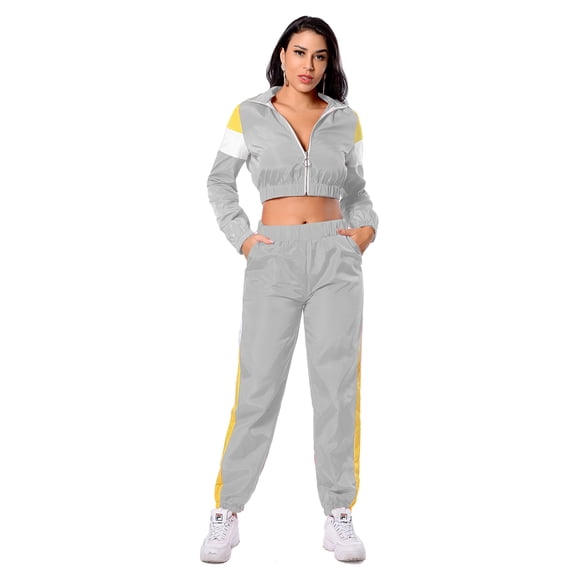 MintLimit Women's Casual 2 Piece Sports Tracksuit Set Solid Colorblock Striped Long Sleeve Zip Up Cropped Tops and Jogging Pants Sweatsuits