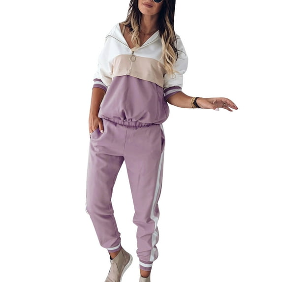 MintLimit Women's Casual 2 Piece Tracksuit Set Striped Patchwork Zipper V-neck Long Sleeve Pullover and Jogging Pants Sports Suit