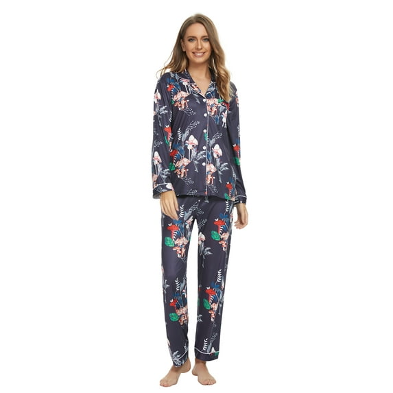 MintLimit Women's Floral Long Sleeve V-neck Button Down Pocket Shirt and Pants Pyjamas Sleepwear Lounge Pajamas