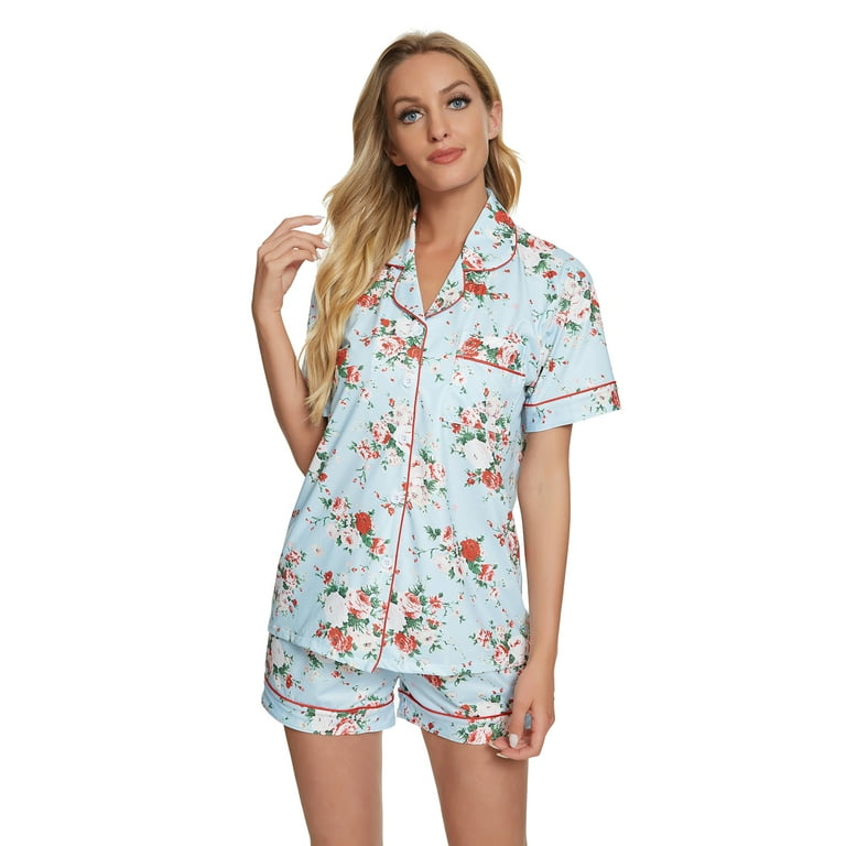 MintLimit Women's Pajamas Floral V-neck Button Down Short Sleeve Shirt and  Shorts Sleepwear Pjs Lounge Set