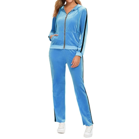 MintLimit Women's Sports Blue Striped Vlevet Outfits Set 2 Piece Tracksuits Workout Sweatsuits Long Sleeve Hooded Zip Up Hoodie Sweatshirt Coat and Pants