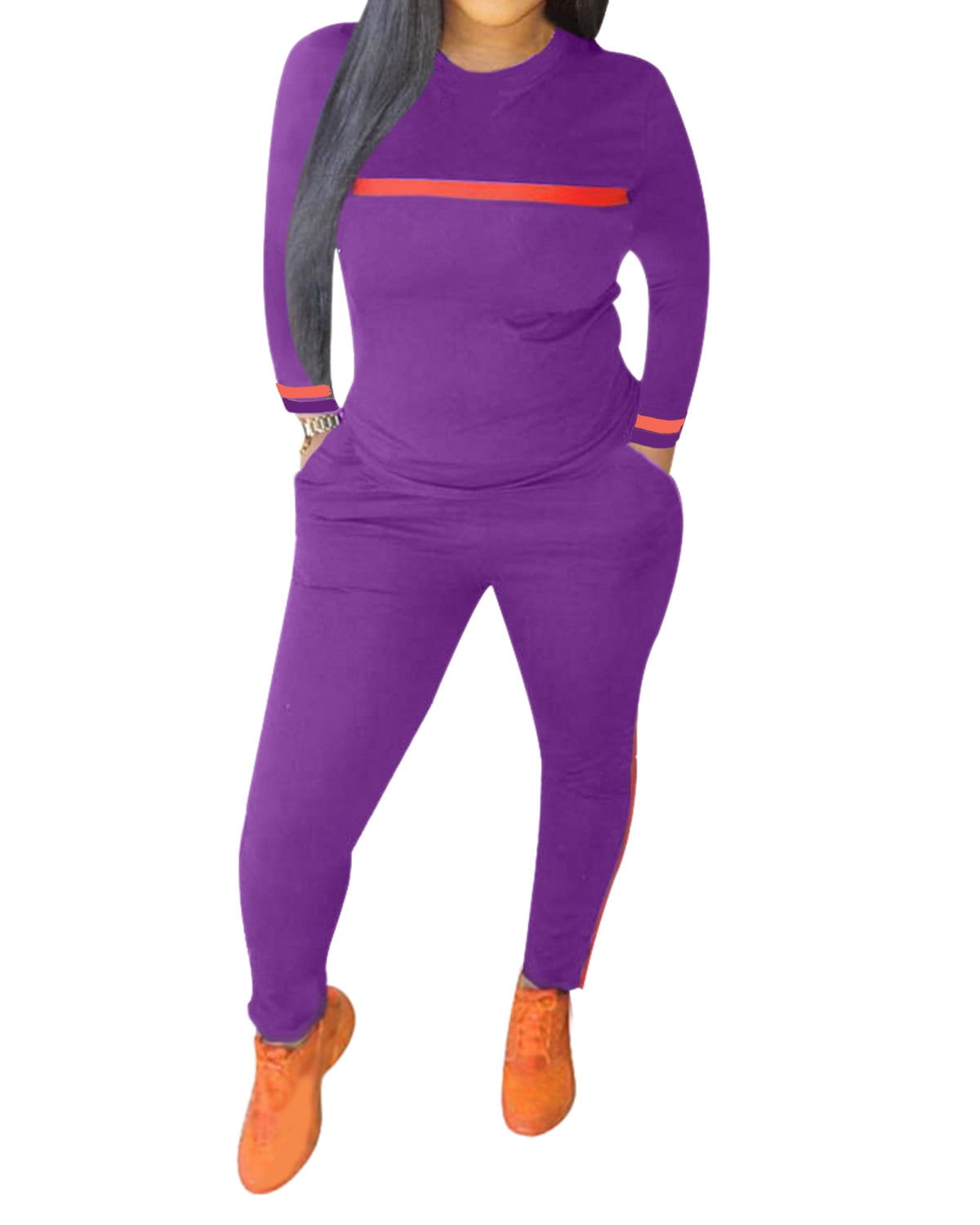 Women Casual Athleisure Long Sleeve Stripe Color Blocking Hooded Top And Sweatpants Set