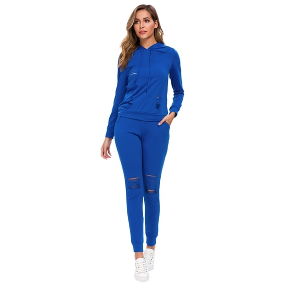 MintLimit Women's Tracksuits Set Two Piece Solid Casual Ripped Long Sleeve Pullover Hooded Shirt and Jogging Pants with Pockets Sports Sweatsuits