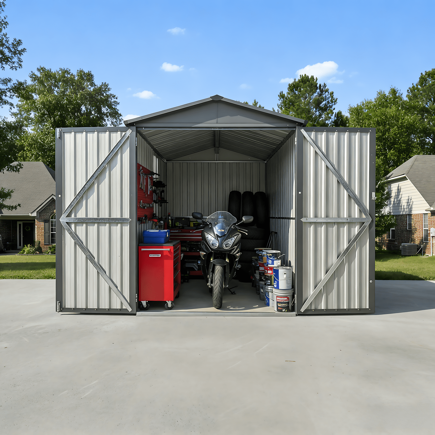 Mintazer 10×6ft Outdoor Motorcycle Storage Shed with Window, Large Garden Tool Storage Building for Backyard Lawn Patio, Gray