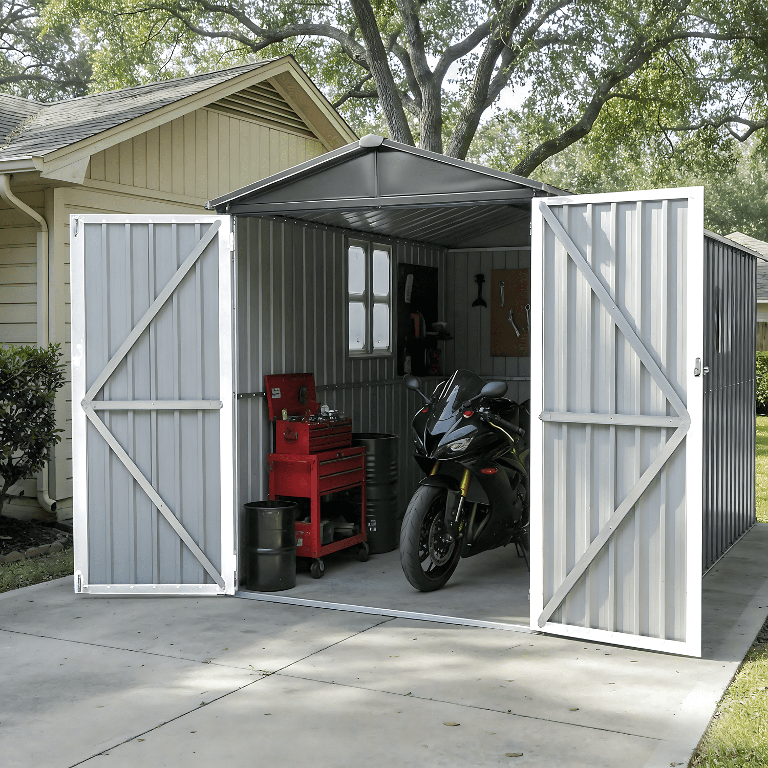 Mintazer 10×6ft Outdoor Motorcycle Storage Shed with Window, Large Garden Tool Storage Building for Backyard Lawn Patio, Light Gray