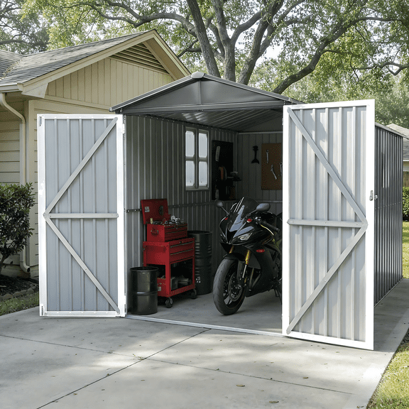 Mintazer 10×6ft Outdoor Motorcycle Storage Shed with Window, Large Garden Tool Storage Building for Backyard Lawn Patio, Light Gray