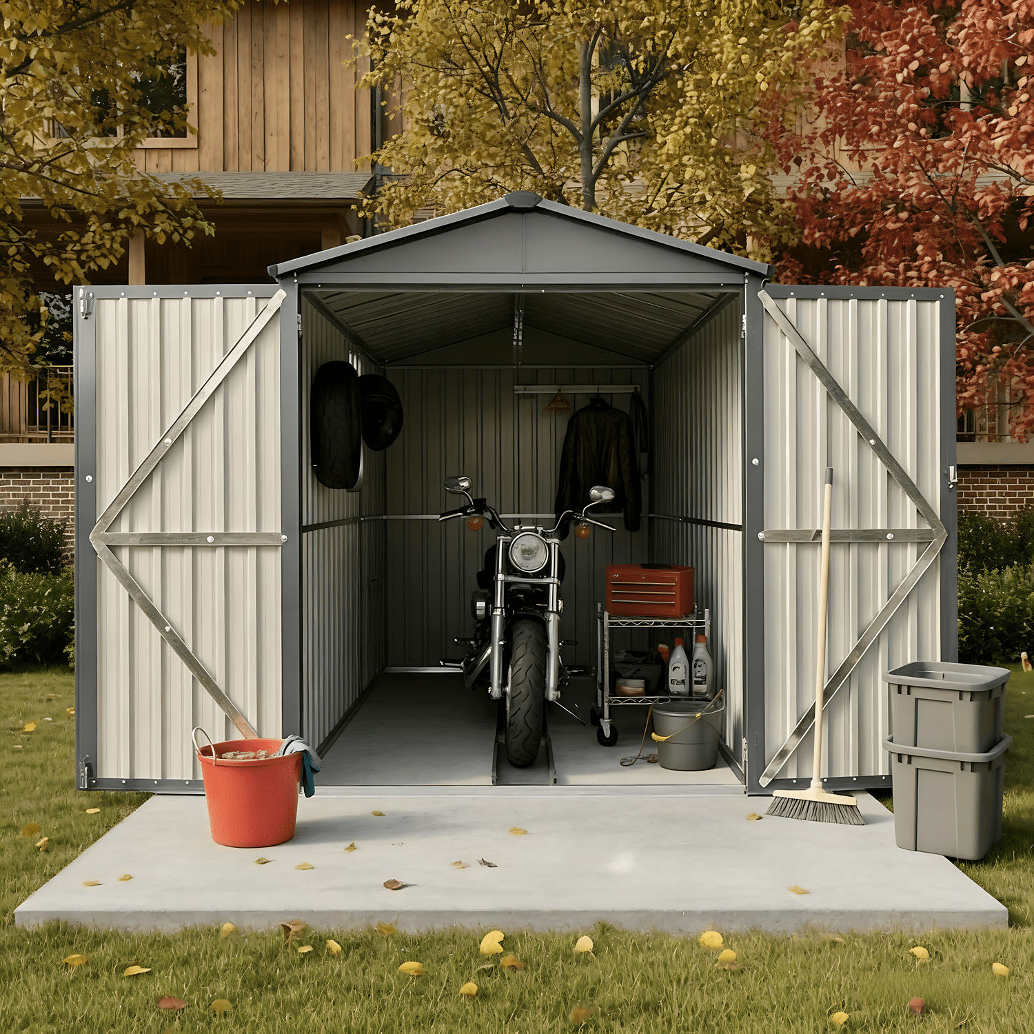 Mintazer 10×6ft Outdoor Motorcycle Storage Shed with Window & Tracks and Fixtures, Large Garden Tool Storage Building for Backyard Lawn Patio, Gray