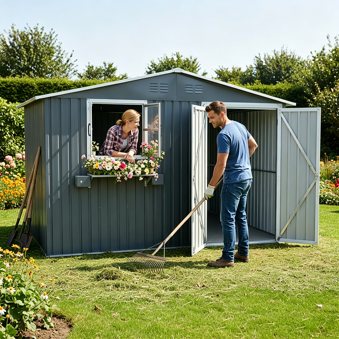 Mintazer 10×8ft Metal Outdoor Storage Shed with Lockable Door & Window, Weatherproof Garden Tool Shed with Flower Baskets, Coal Gray