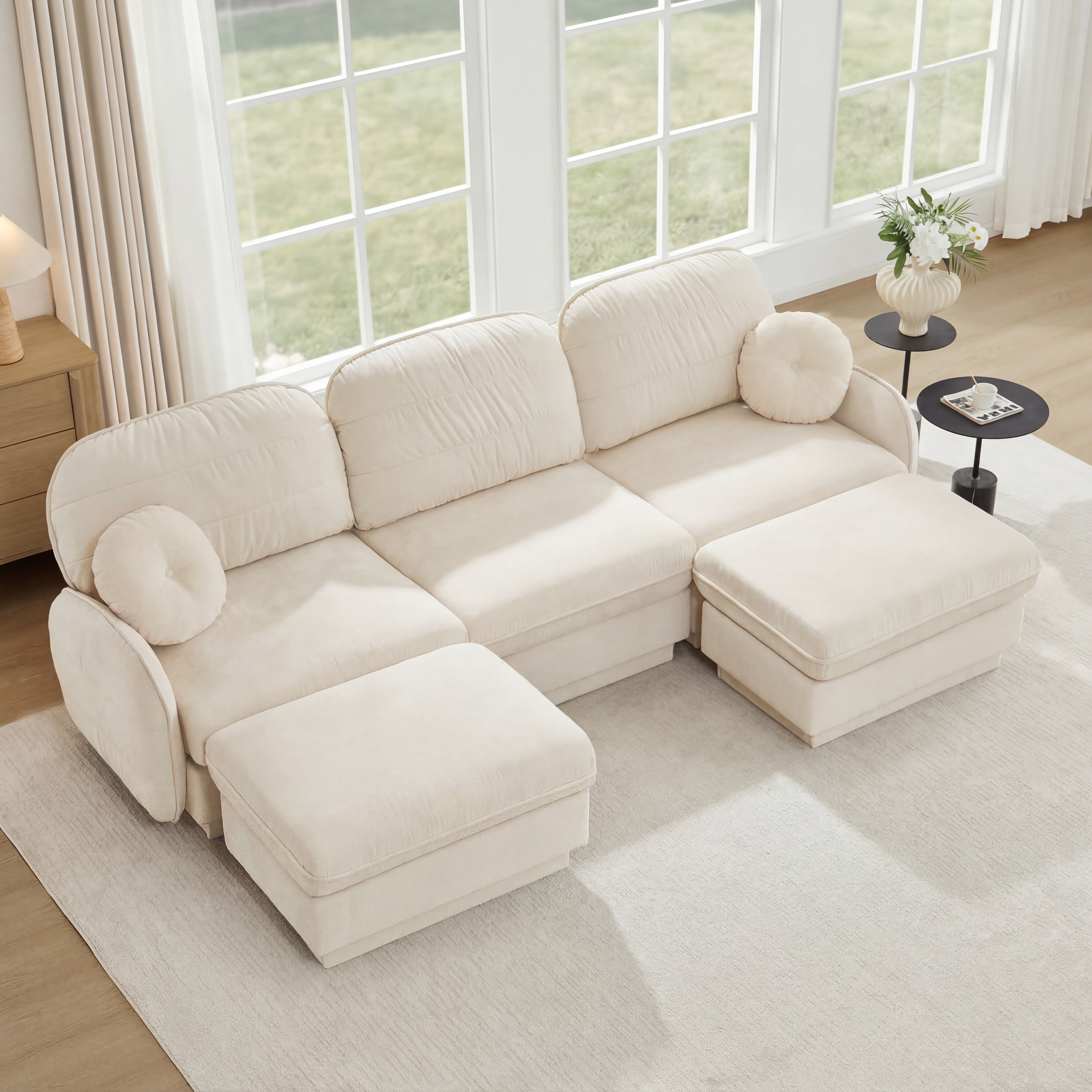 Mintazer 105" Chenille Cloud 3-Seater Modular Sectional Sofa with 2 Movable Ottoman & Round Pillows, U-Shaped Ergonomic Sofa Couch for Living Room, Apartment, Cream