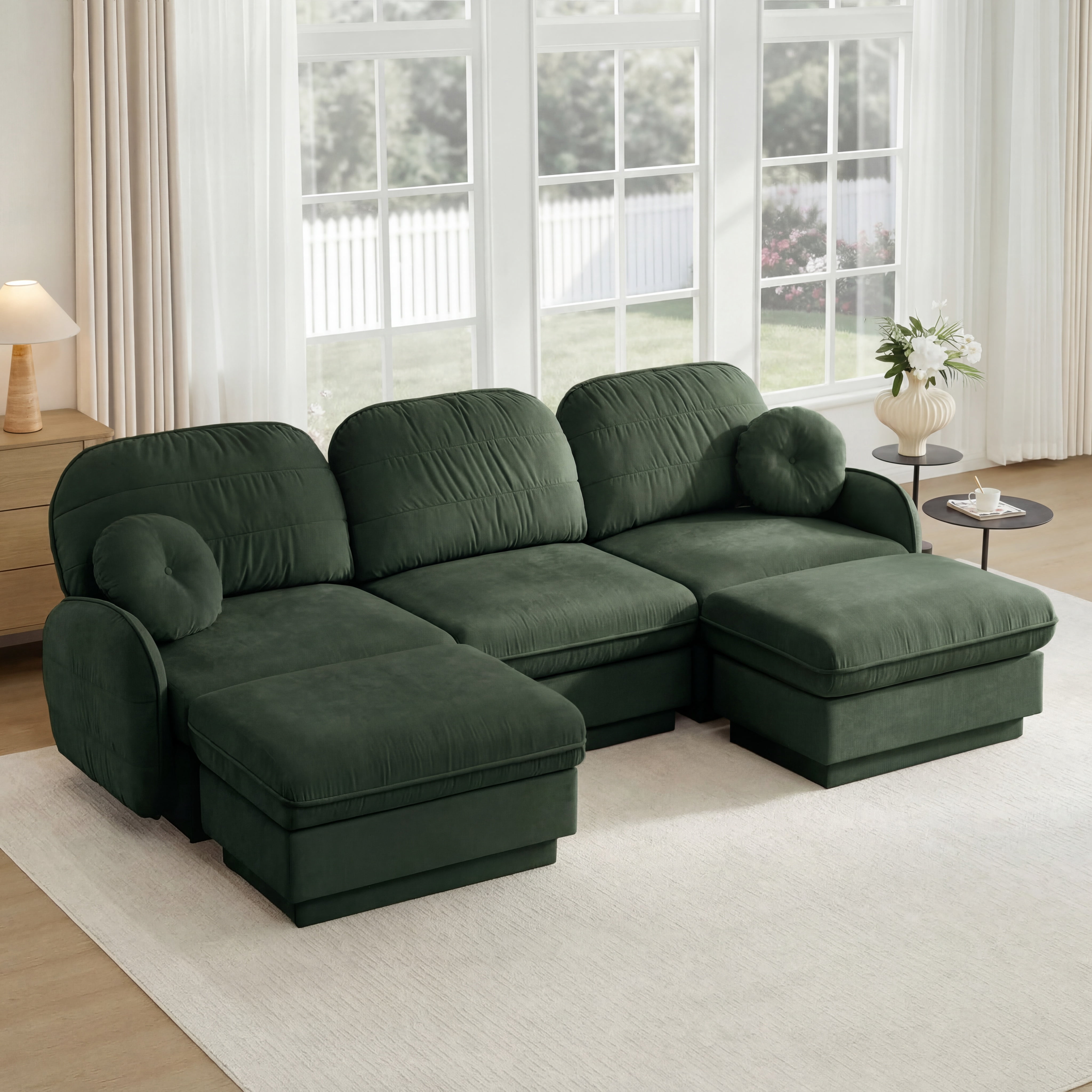Mintazer 105" Chenille Cloud 3-Seater Modular Sectional Sofa with 2 Movable Ottoman & Round Pillows, U-Shaped Ergonomic Sofa Couch for Living Room, Apartment, Green