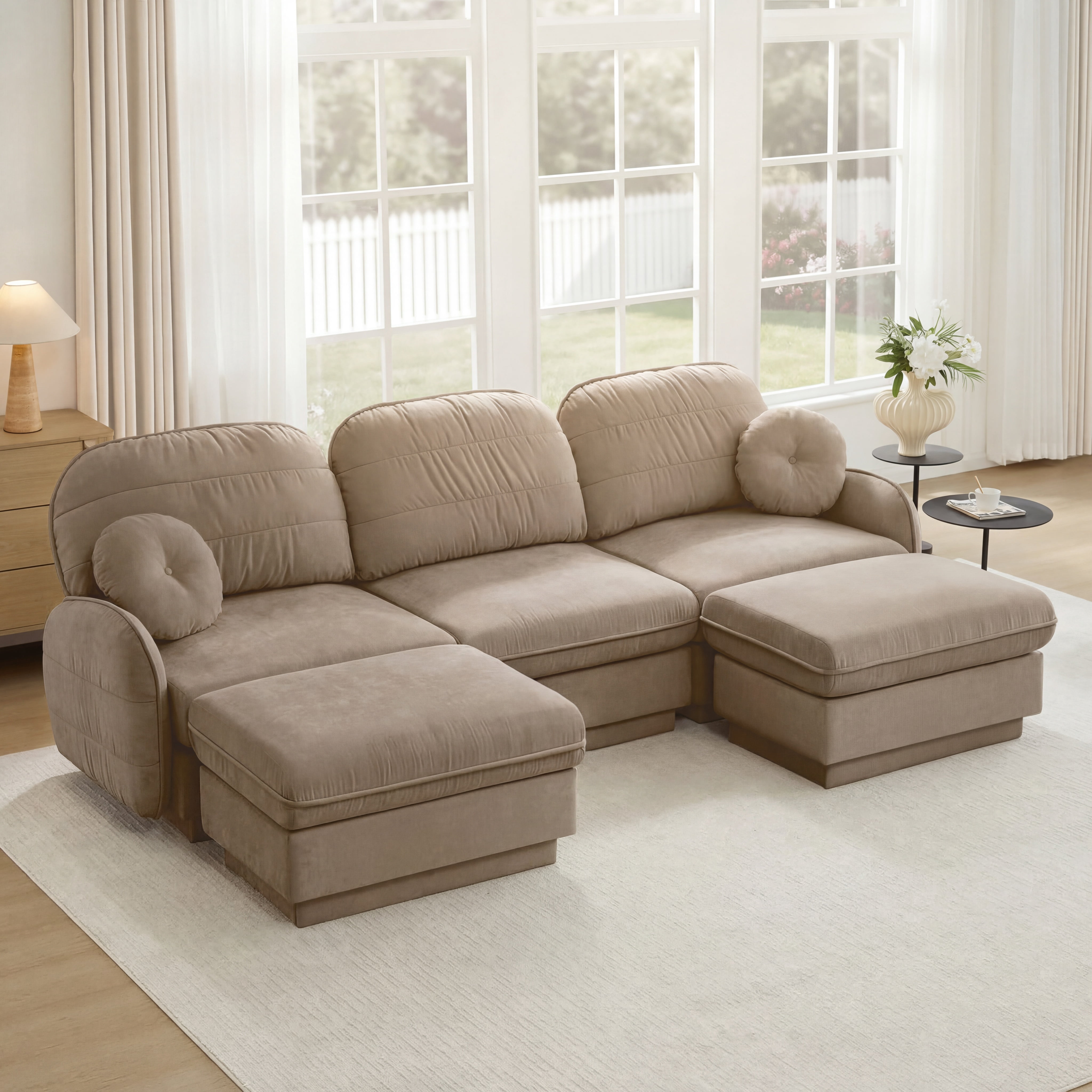 Mintazer 105" Chenille Cloud 3-Seater Modular Sectional Sofa with 2 Movable Ottoman & Round Pillows, U-Shaped Ergonomic Sofa Couch for Living Room, Apartment, Light Coffee