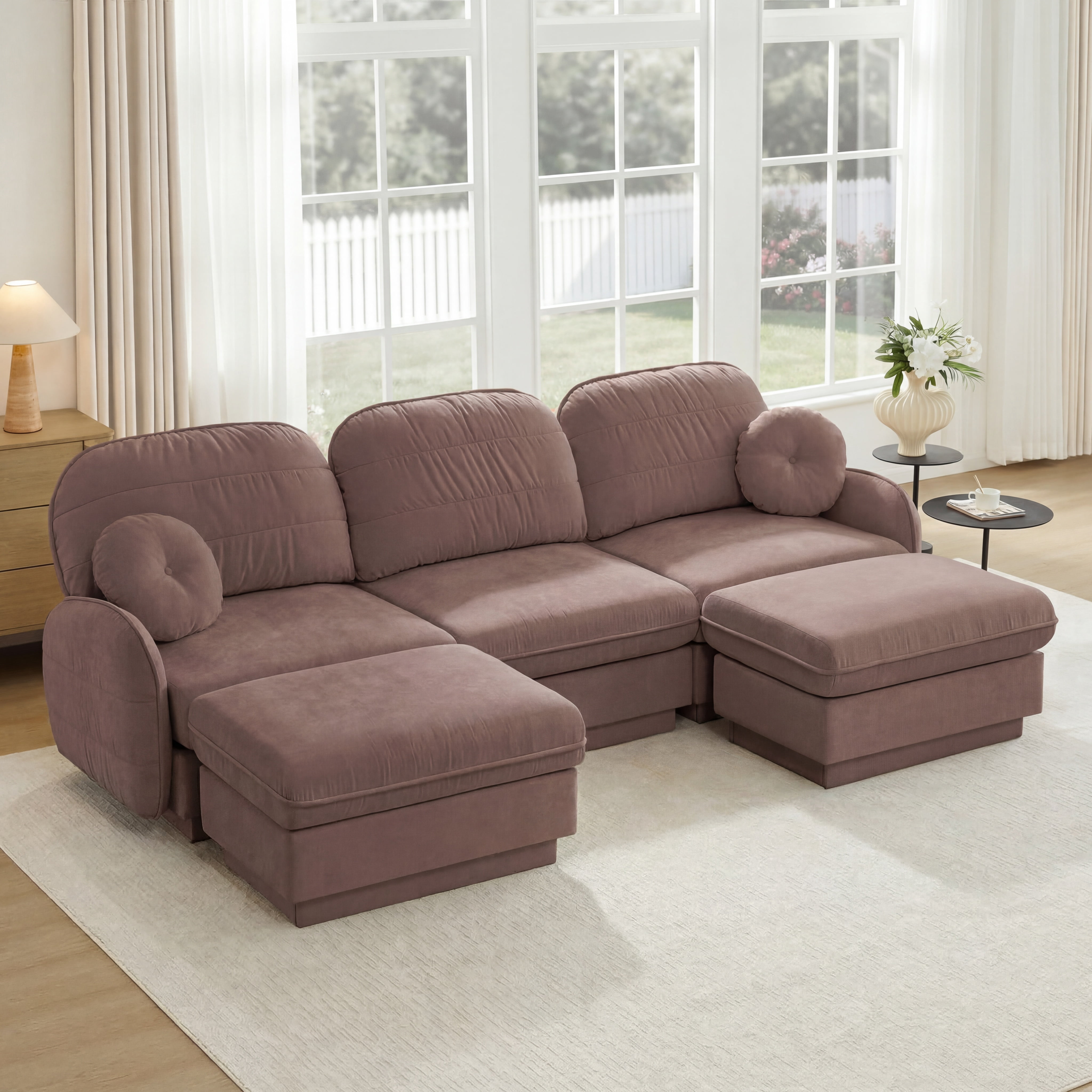 Mintazer 105" Chenille Cloud 3-Seater Modular Sectional Sofa with 2 Movable Ottoman & Round Pillows, U-Shaped Ergonomic Sofa Couch for Living Room, Apartment, Rose Dust