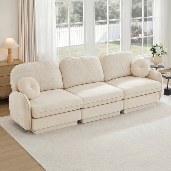 Mintazer 105" Chenille Cloud 3-Seater Modular Sectional Sofa with 2 Round Pillows, Easy Assembly Ergonomic Sofa Couch for Living Room, Apartment, Cream