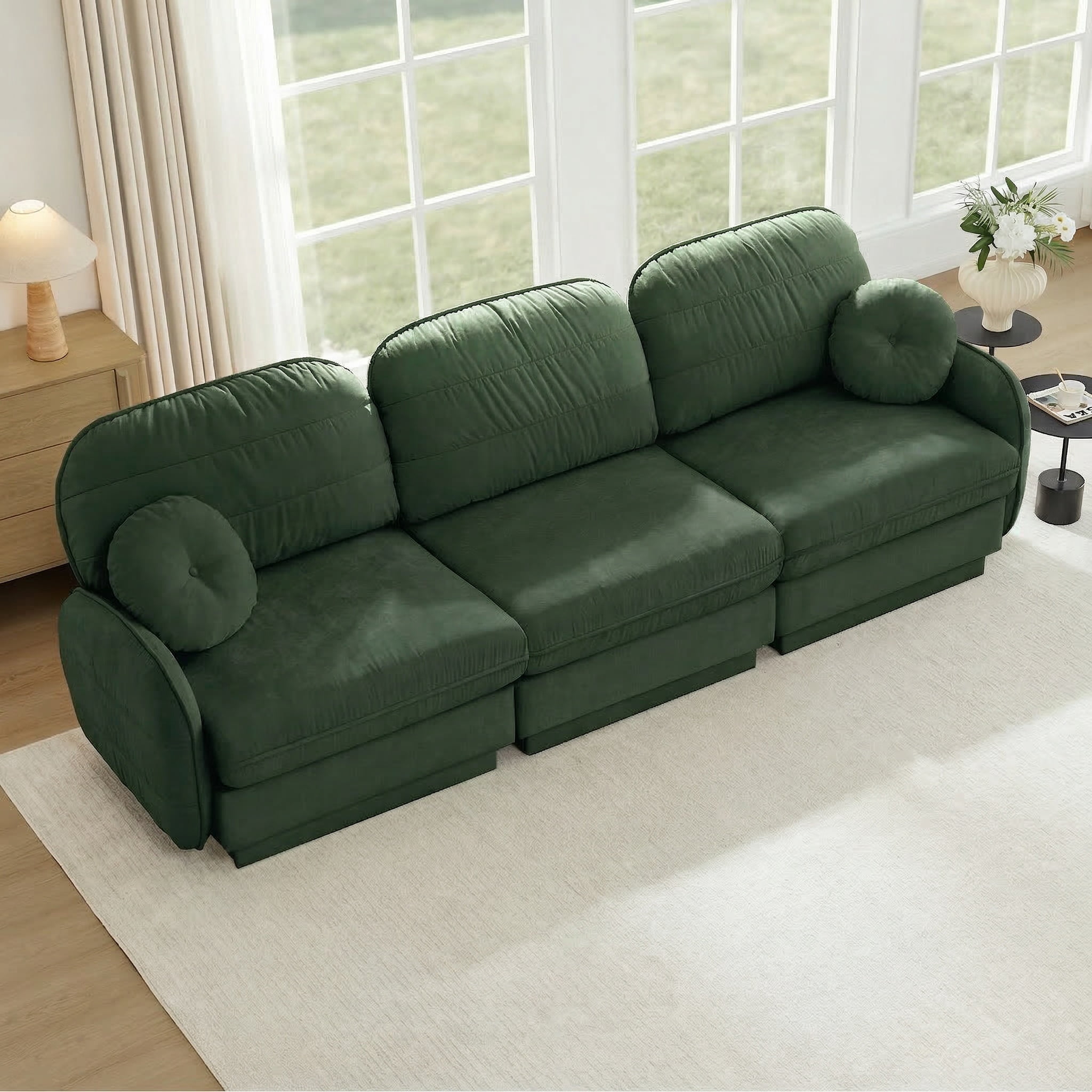 Mintazer 105" Chenille Cloud 3-Seater Modular Sectional Sofa with 2 Round Pillows, Easy Assembly Ergonomic Sofa Couch for Living Room, Apartment, Green