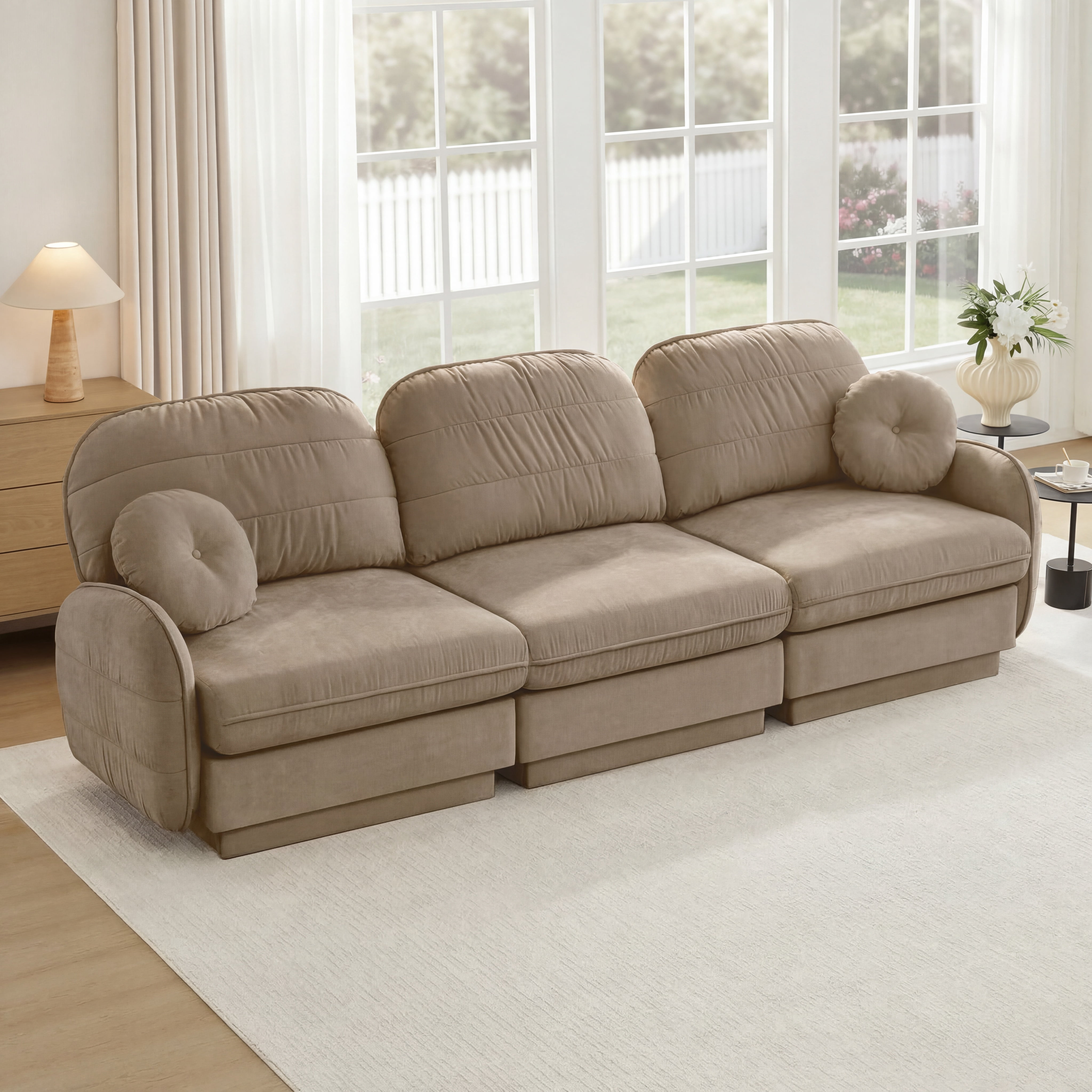 Mintazer 105" Chenille Cloud 3-Seater Modular Sectional Sofa with 2 Round Pillows, Easy Assembly Ergonomic Sofa Couch for Living Room, Apartment, Light Coffee
