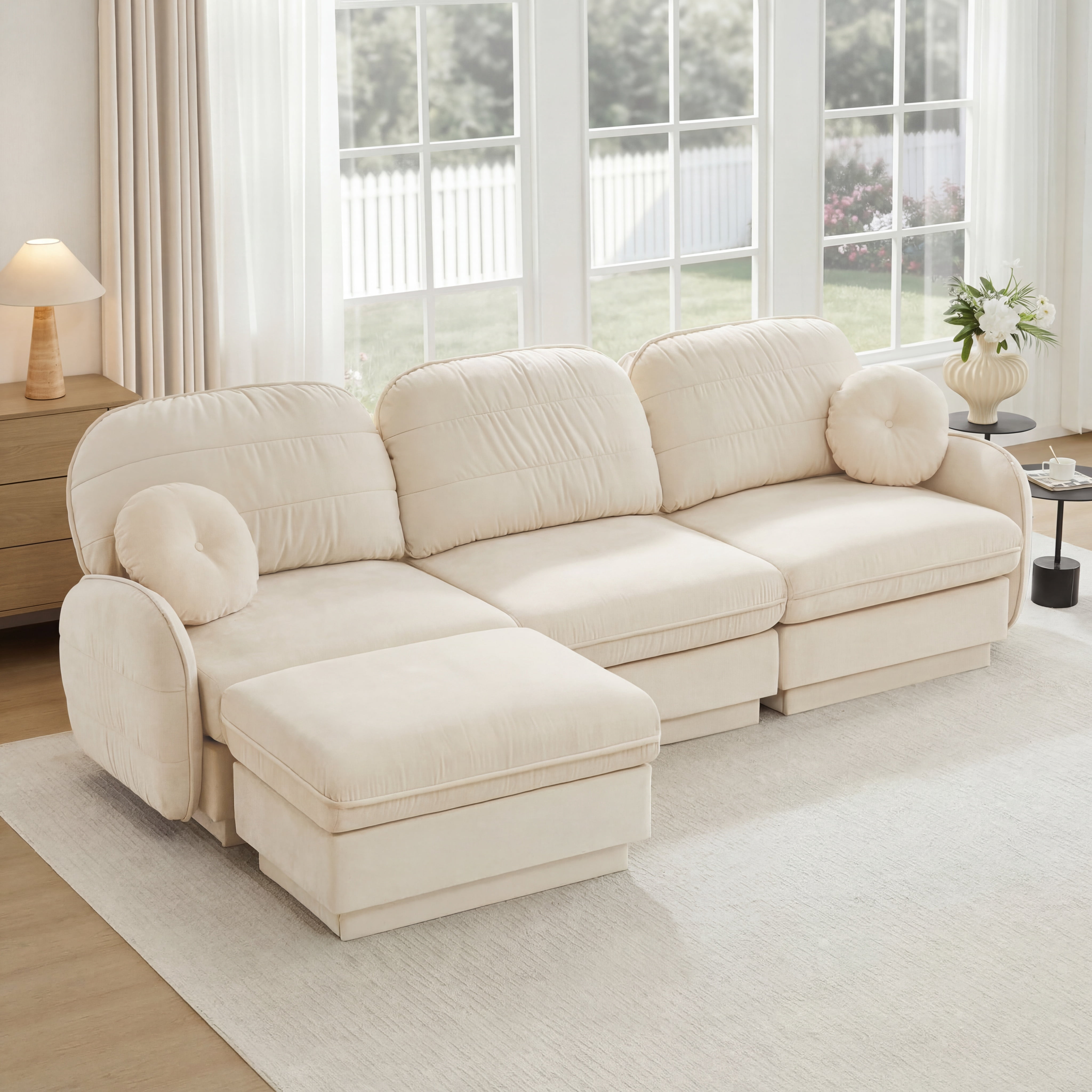 Mintazer 105" Chenille Cloud 3-Seater Modular Sectional Sofa with Movable Ottoman & Round Pillows, L-Shaped Ergonomic Sofa Couch for Living Room, Apartment, Cream