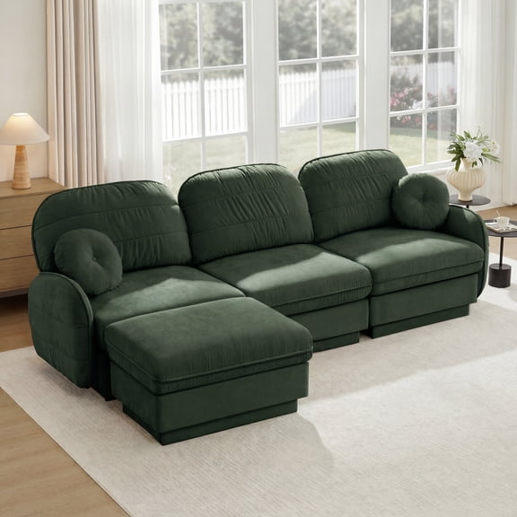 Mintazer 105" Chenille Cloud 3-Seater Modular Sectional Sofa with Movable Ottoman & Round Pillows, L-Shaped Ergonomic Sofa Couch for Living Room, Apartment, Green