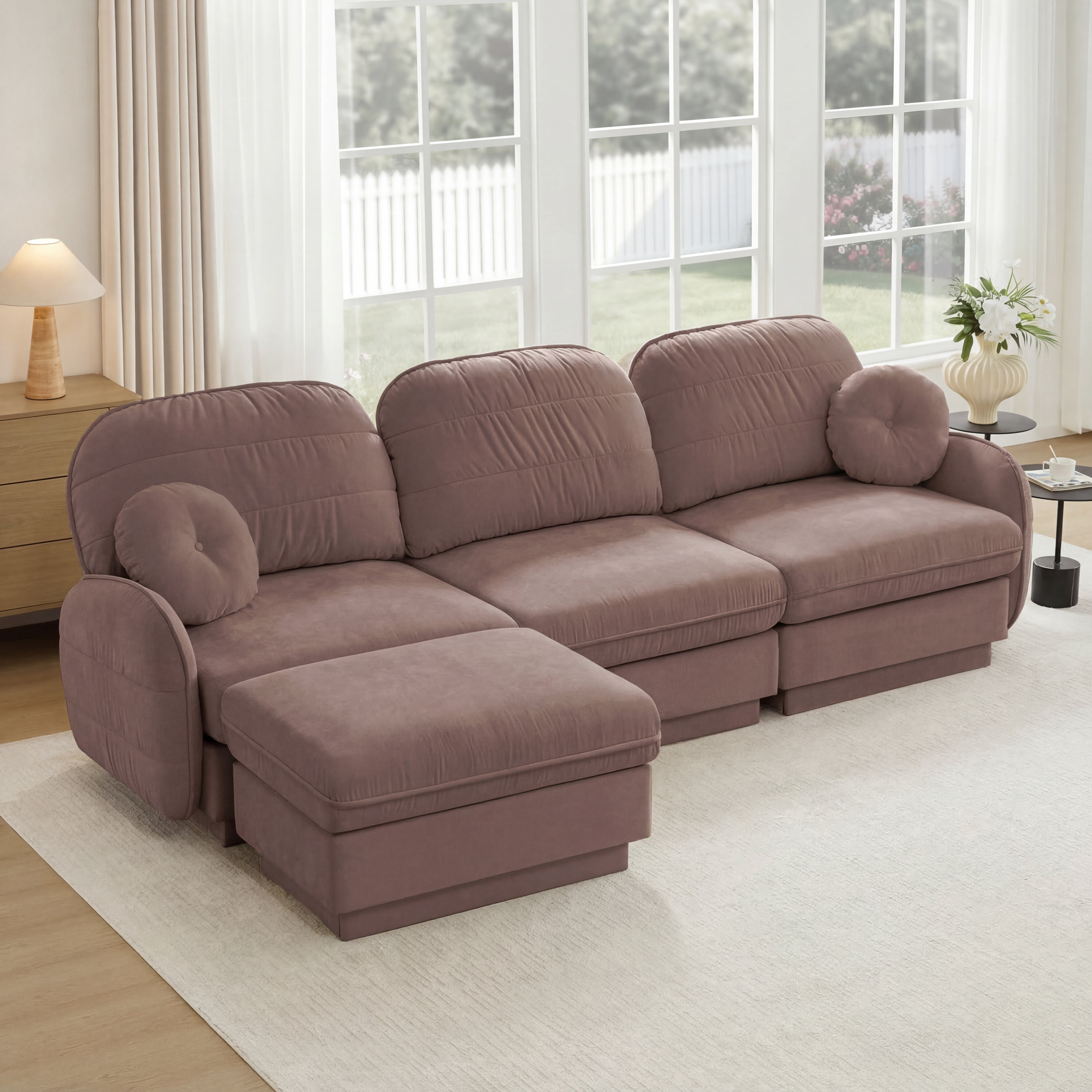 Mintazer 105" Chenille Cloud 3-Seater Modular Sectional Sofa with Movable Ottoman & Round Pillows, L-Shaped Ergonomic Sofa Couch for Living Room, Apartment, Rose Dust