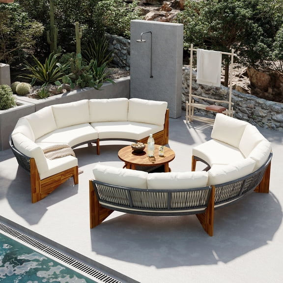 Mintazer 105" Semi-Circle Outdoor Patio Sectional Sofa Set with Coffee Table, Weather-Resistant Patio Couch Set with Waterproof Cushions for Poolside, Backyard, Beige