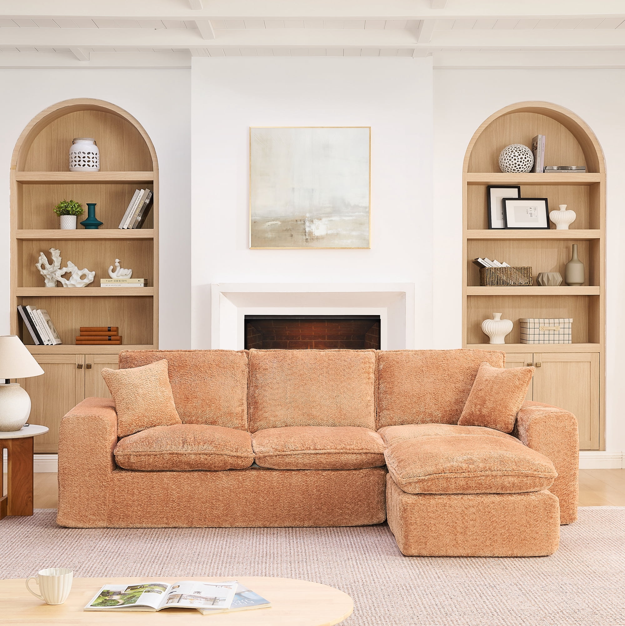 Mintazer 107" Modern L-Shaped Boucle Sectional Sofa with Reversible Ottoman, Cloud Soft Modular Couch with Pillows & Cushion for Living Room, Camel Brown