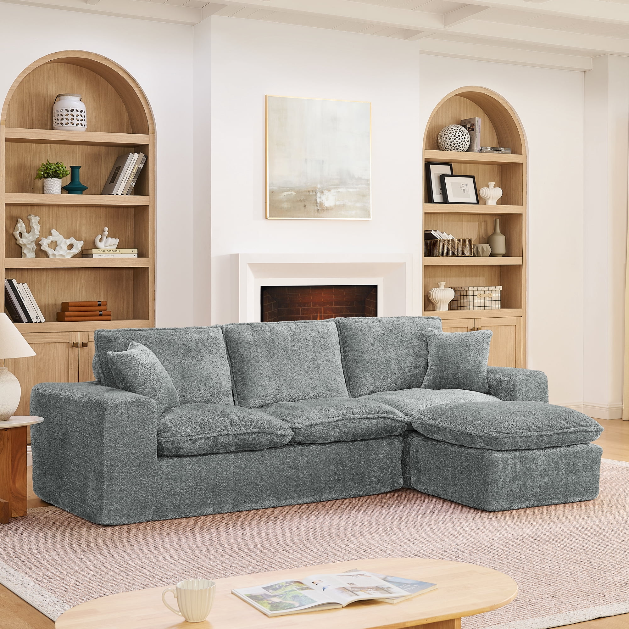 Mintazer 107" Modern L-Shaped Boucle Sectional Sofa with Reversible Ottoman, Cloud Soft Modular Couch with Pillows & Cushion for Living Room, Gray