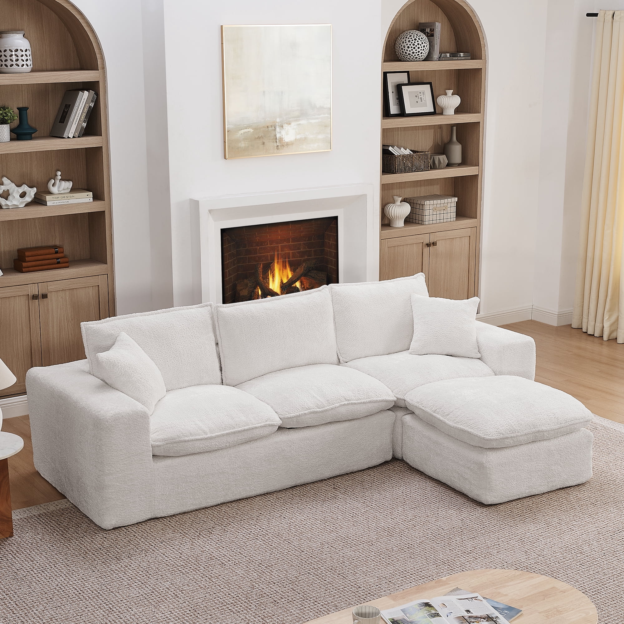 Mintazer 107" Modern L-Shaped Boucle Sectional Sofa with Reversible Ottoman, Cloud Soft Modular Couch with Pillows & Cushion for Living Room, White