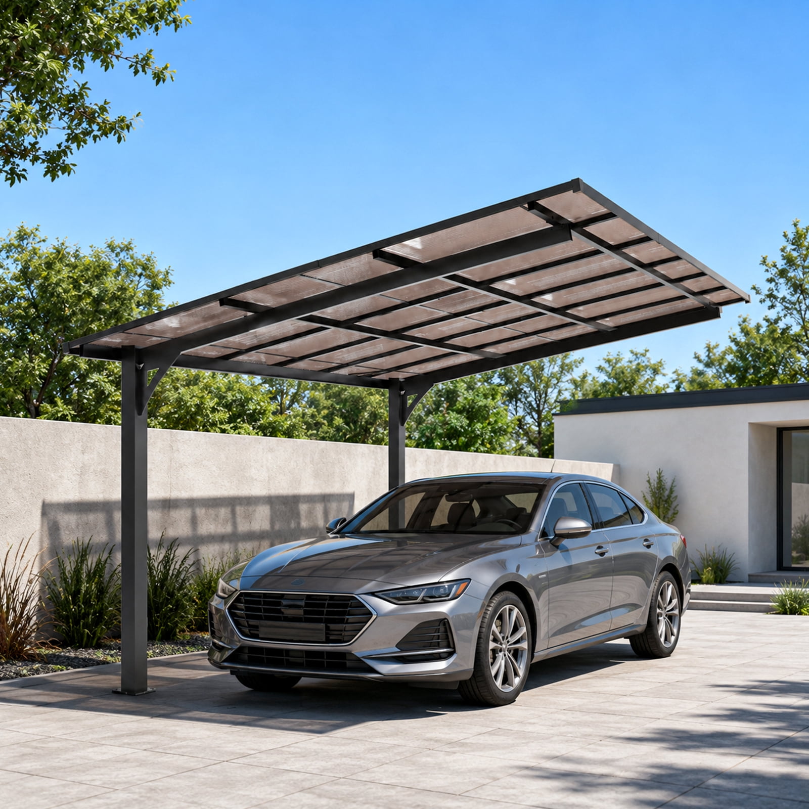 Mintazer 10x12ft Outdoor Wall-Mounted Patio Canopy, Heavy Duty Metal Awning with PC Roof, Freestanding Sun Shelter for Backyard, Bike, Grill & Patio Seating