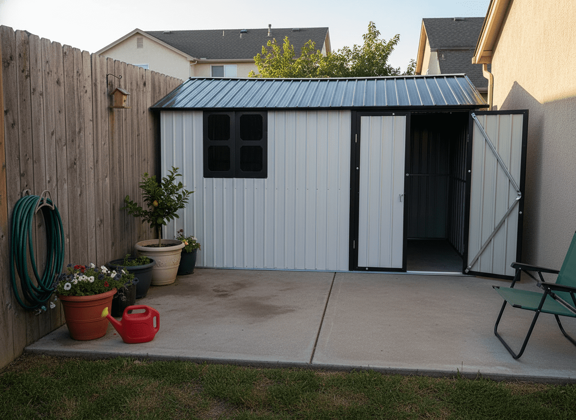 Mintazer 12×10 Ft All-Weather Metal Outdoor Storage Shed, Large Garden Tool Storage Building with Window for Backyard Lawn Patio, Beige & White