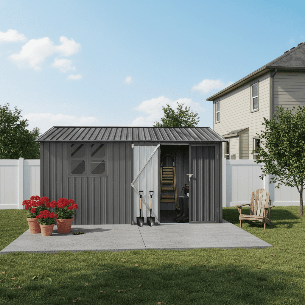 Mintazer 12×10 Ft All-Weather Metal Outdoor Storage Shed, Large Garden Tool Storage Building with Window for Backyard Lawn Patio, Gray