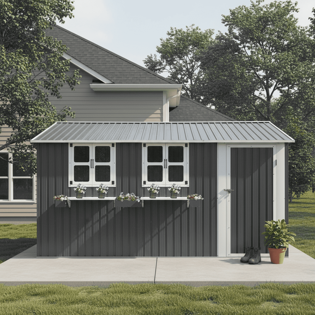 Mintazer 12×10ft Metal Outdoor Storage Shed with Lockable Door & 3 Windows, Weatherproof Garden Tool Shed with Flower Baskets, Gray