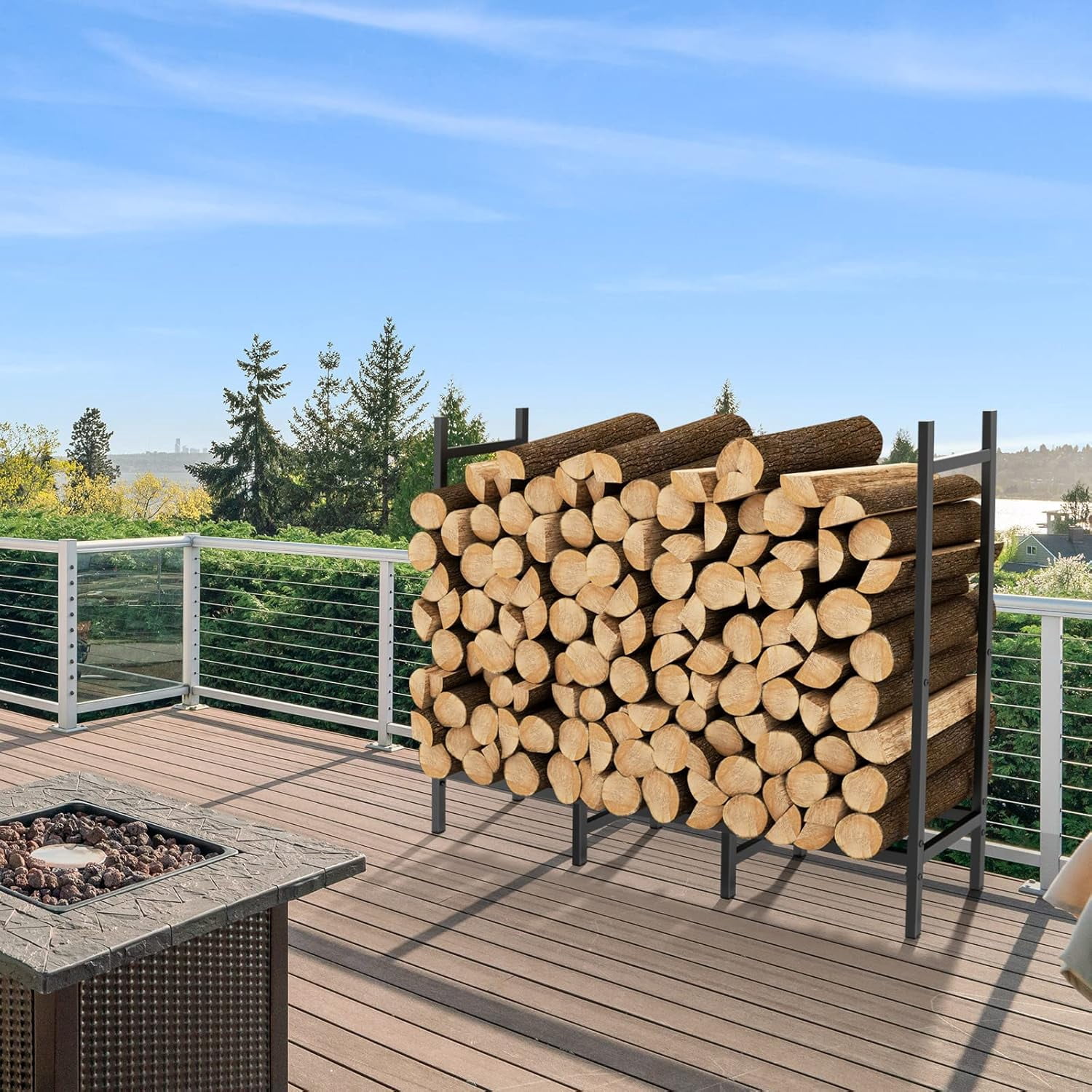 Mintazer 12.7ft Heavy Duty Firewood Rack with 8 Support Legs, Indoor Outdoor Log Storage Holder for Patio Fireplace, Stable Firewood Organizer for 3/4 Cord of Firewood, Black