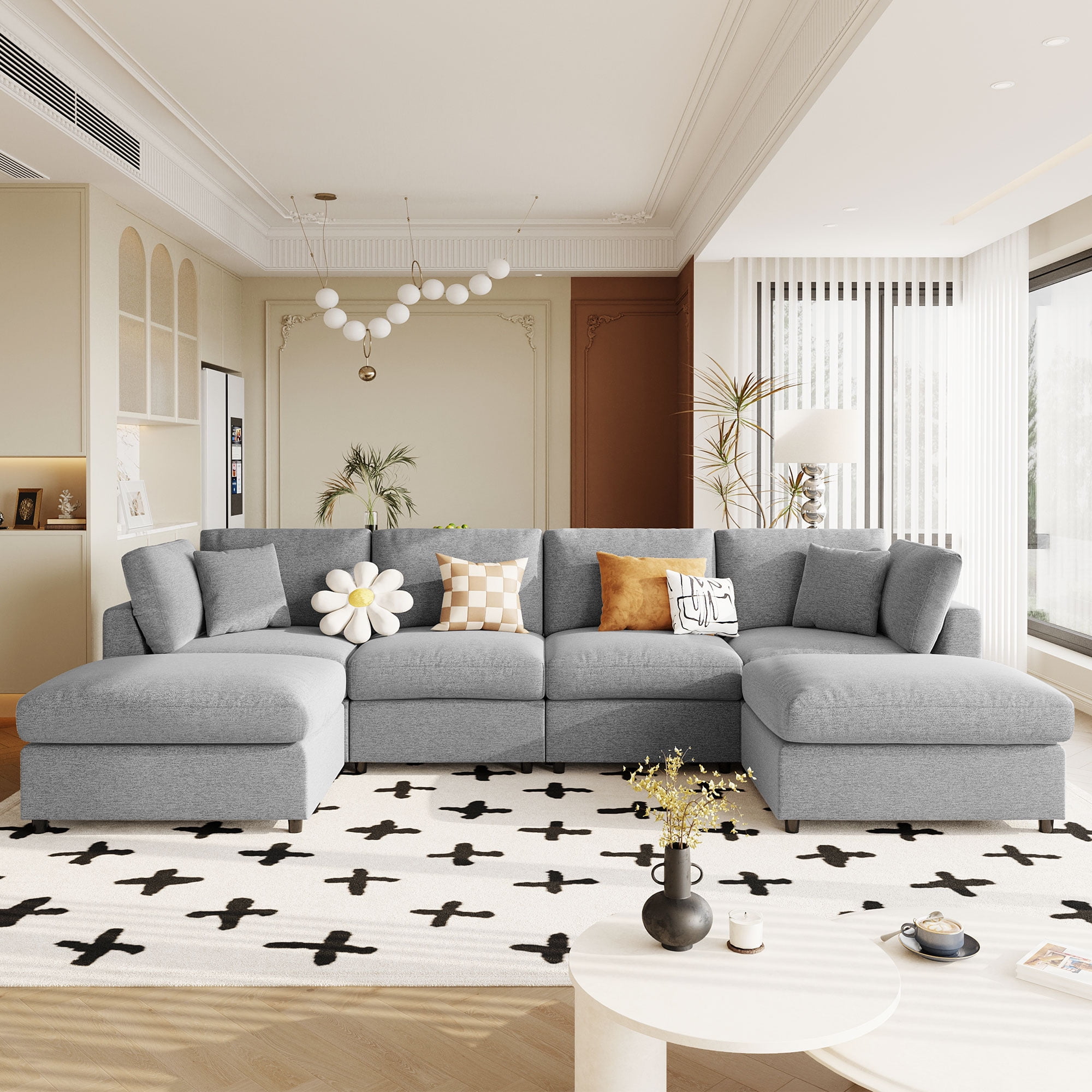 Mintazer 128" Large U-Shaped Modular Sectional Sofa with 2 Removable Ottomans, Chenille Upholstered 6 Piece Sofa with Cushions for Living Room, Grey