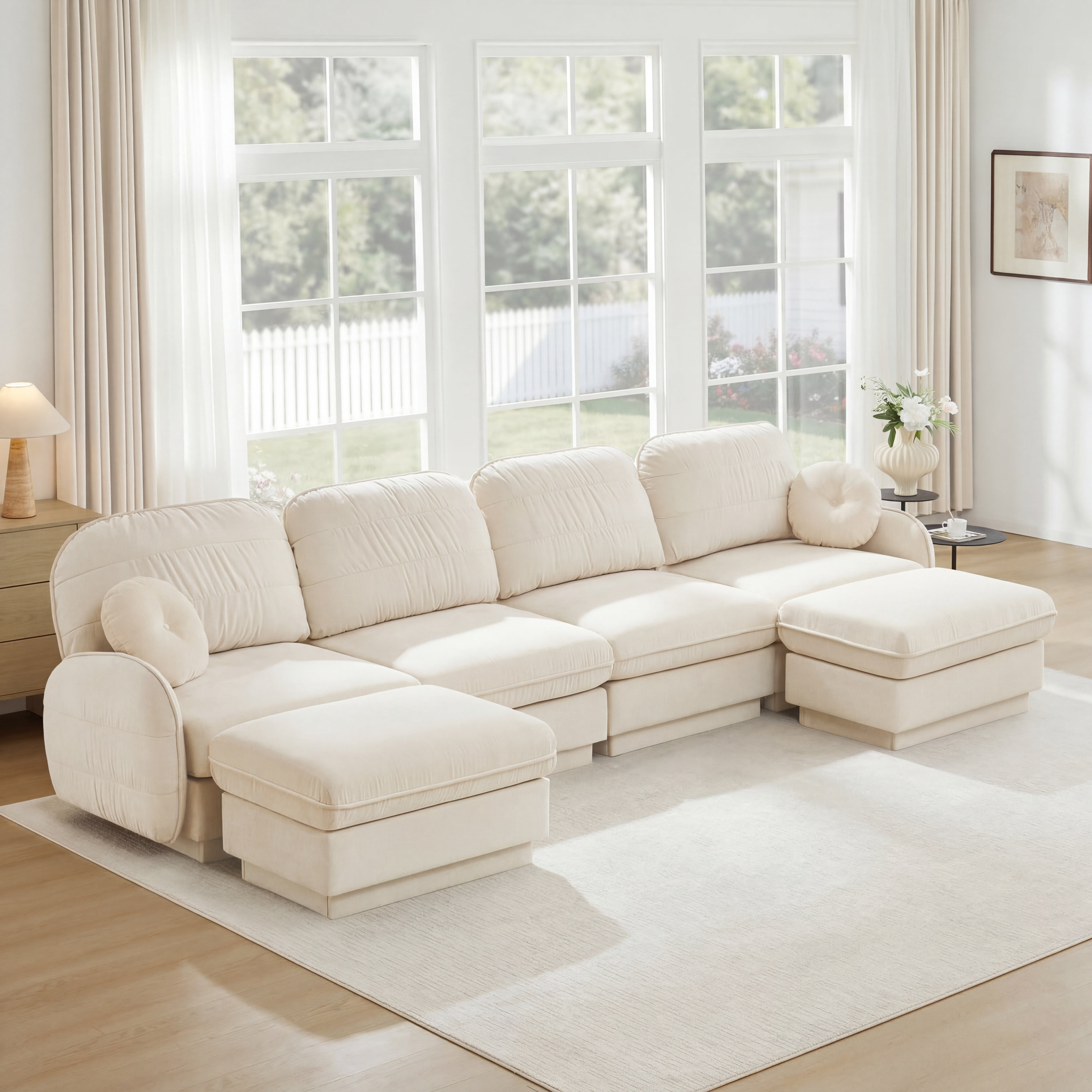 Mintazer 137" Chenille Cloud 4-Seater Modular Sectional Sofa with 2 Movable Ottoman & Round Pillows, U-Shaped Ergonomic Sofa Couch for Living Room, Apartment, Cream