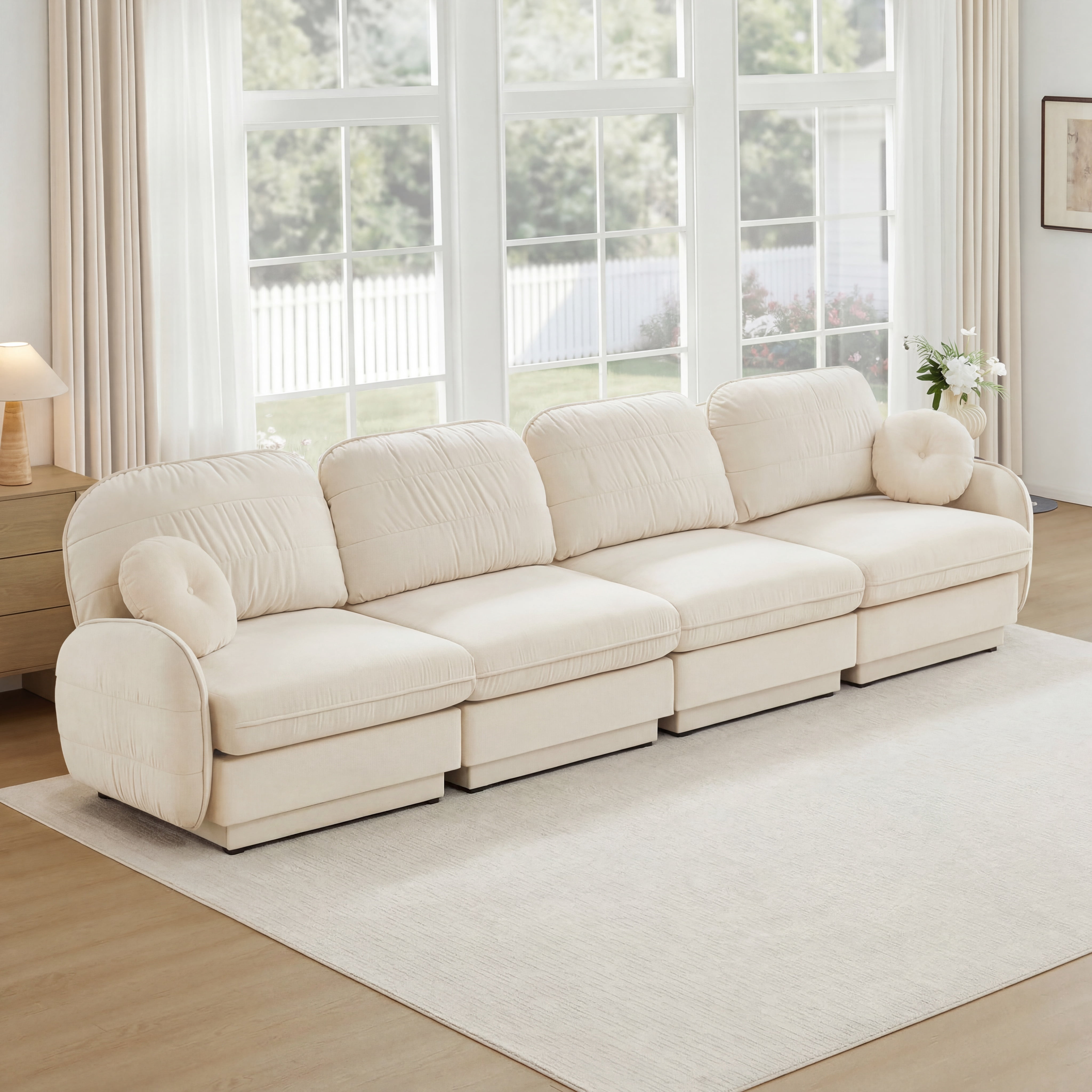 Mintazer 137" Chenille Cloud 4-Seater Modular Sectional Sofa with 2 Round Pillows, Easy Assembly Ergonomic Comfy Sofa Couch for Living Room, Apartment, Cream