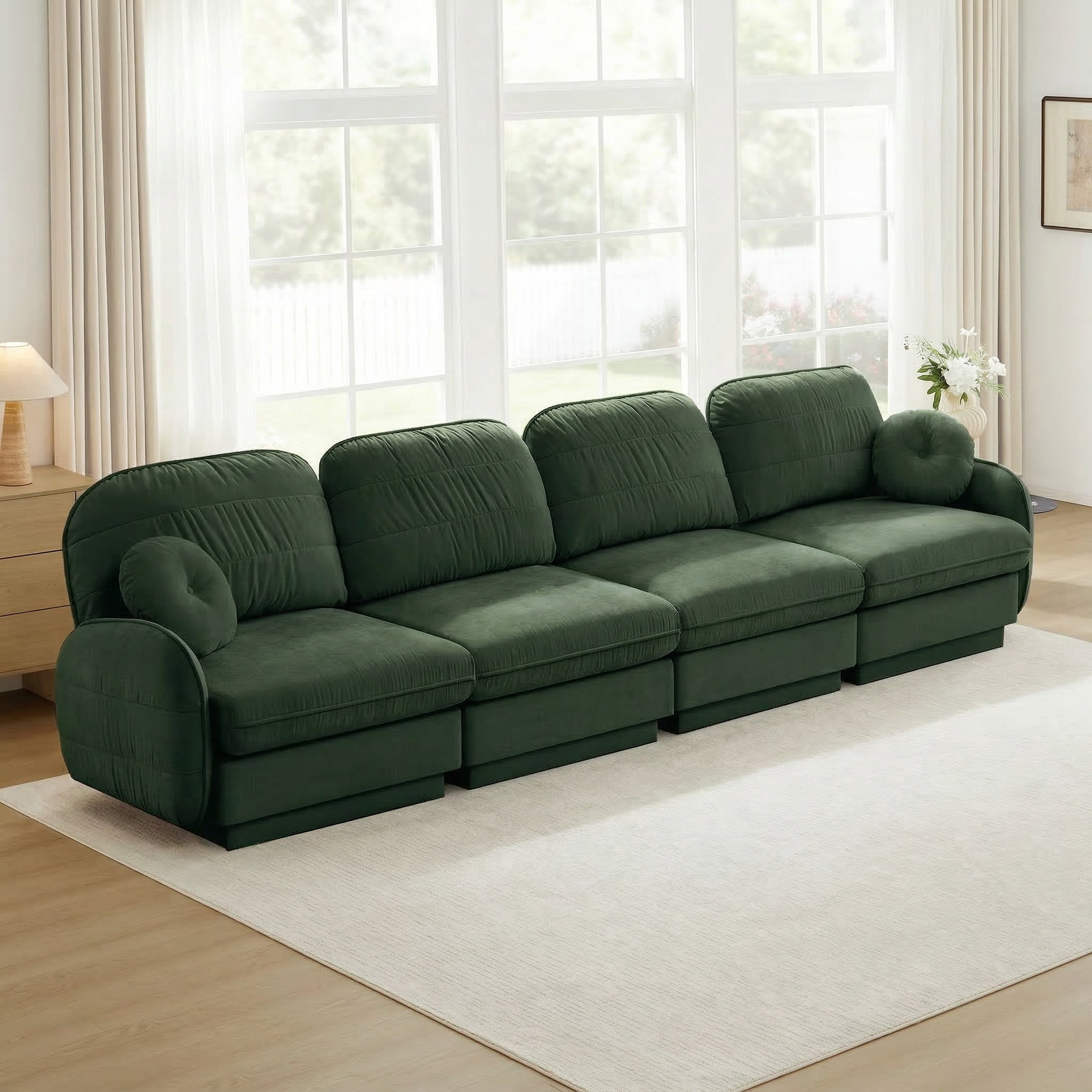 Mintazer 137" Chenille Cloud 4-Seater Modular Sectional Sofa with 2 Round Pillows, Easy Assembly Ergonomic Comfy Sofa Couch for Living Room, Apartment, Green