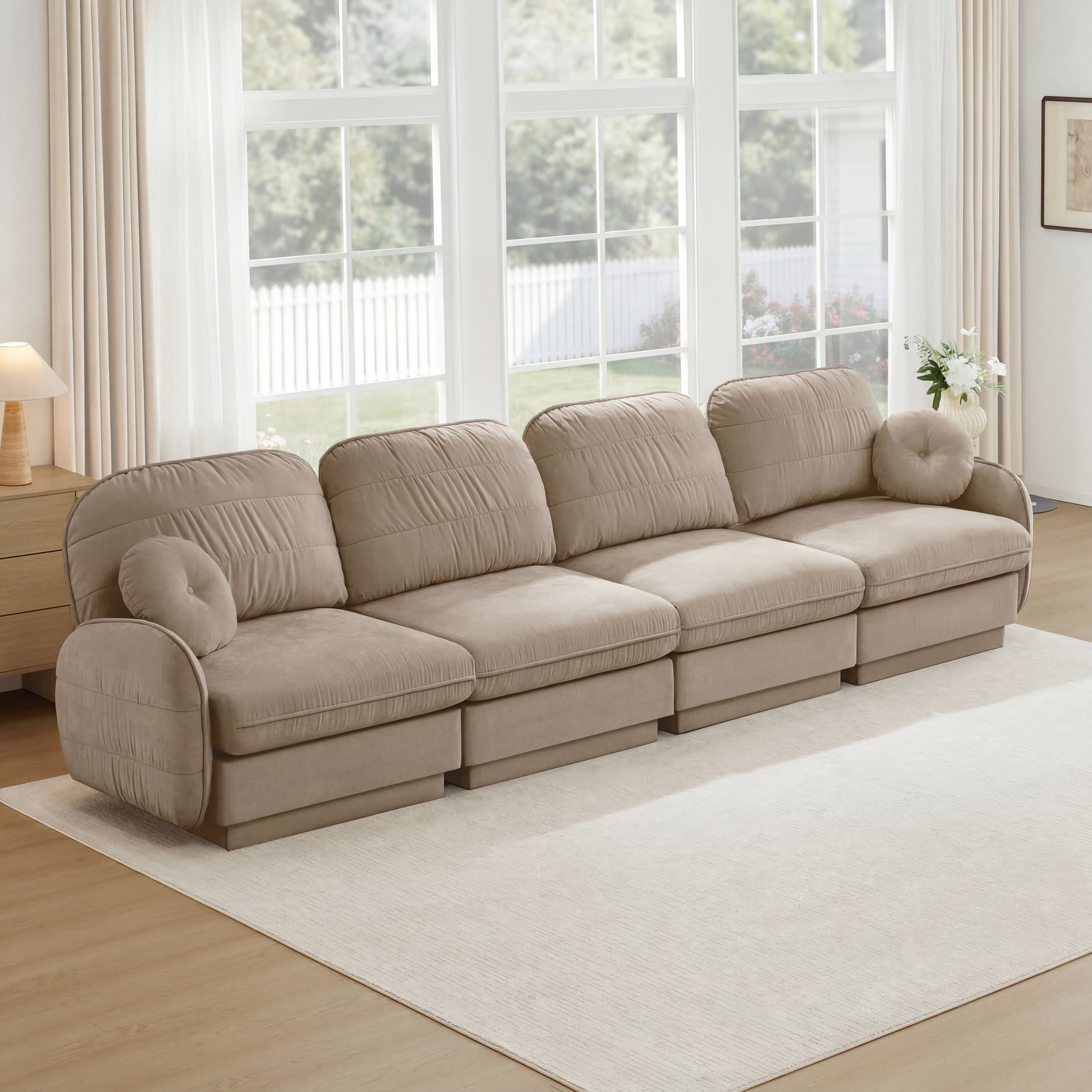 Mintazer 137" Chenille Cloud 4-Seater Modular Sectional Sofa with 2 Round Pillows, Easy Assembly Ergonomic Comfy Sofa Couch for Living Room, Apartment, Light Coffee