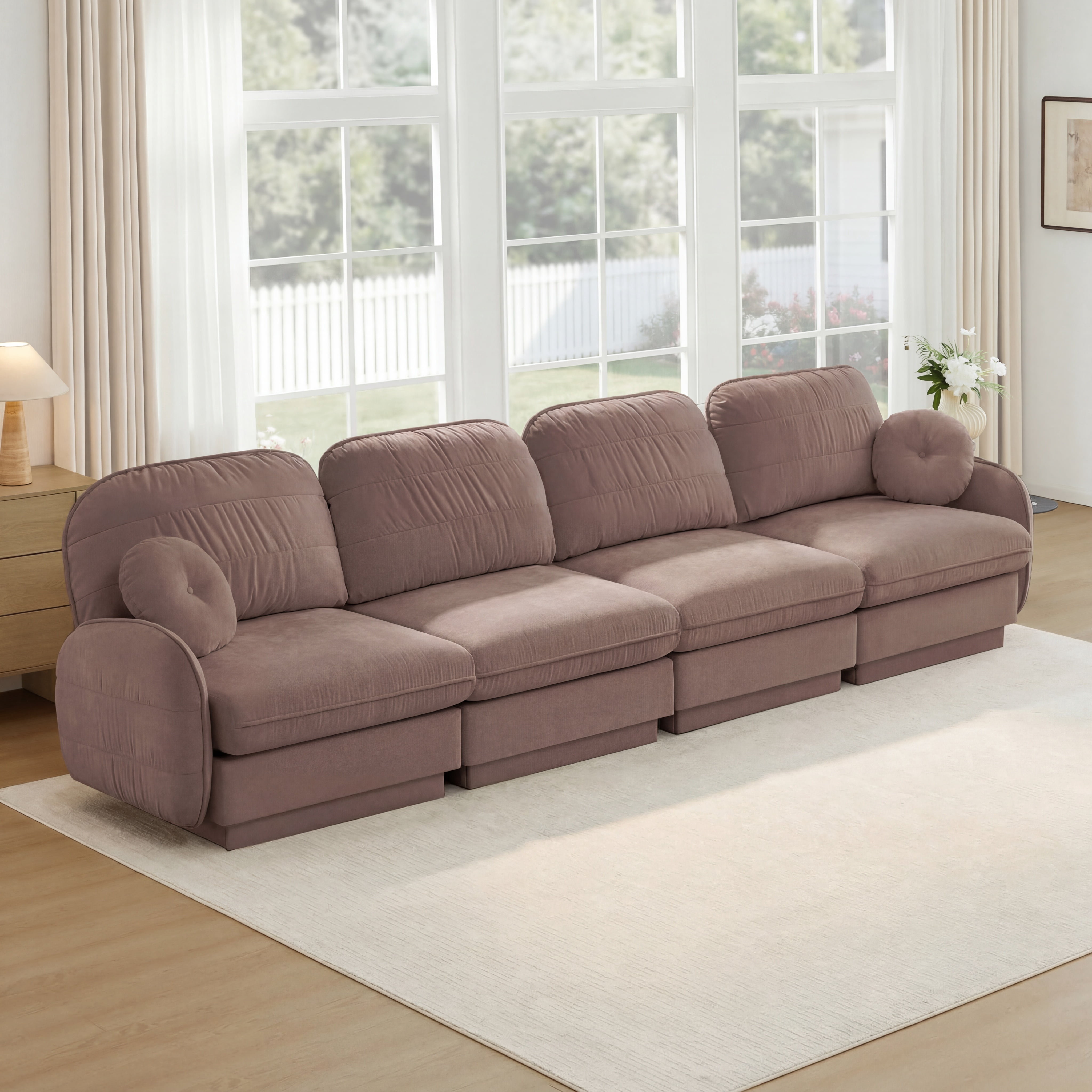 Mintazer 137" Chenille Cloud 4-Seater Modular Sectional Sofa with 2 Round Pillows, Easy Assembly Ergonomic Comfy Sofa Couch for Living Room, Apartment, Rose Dust
