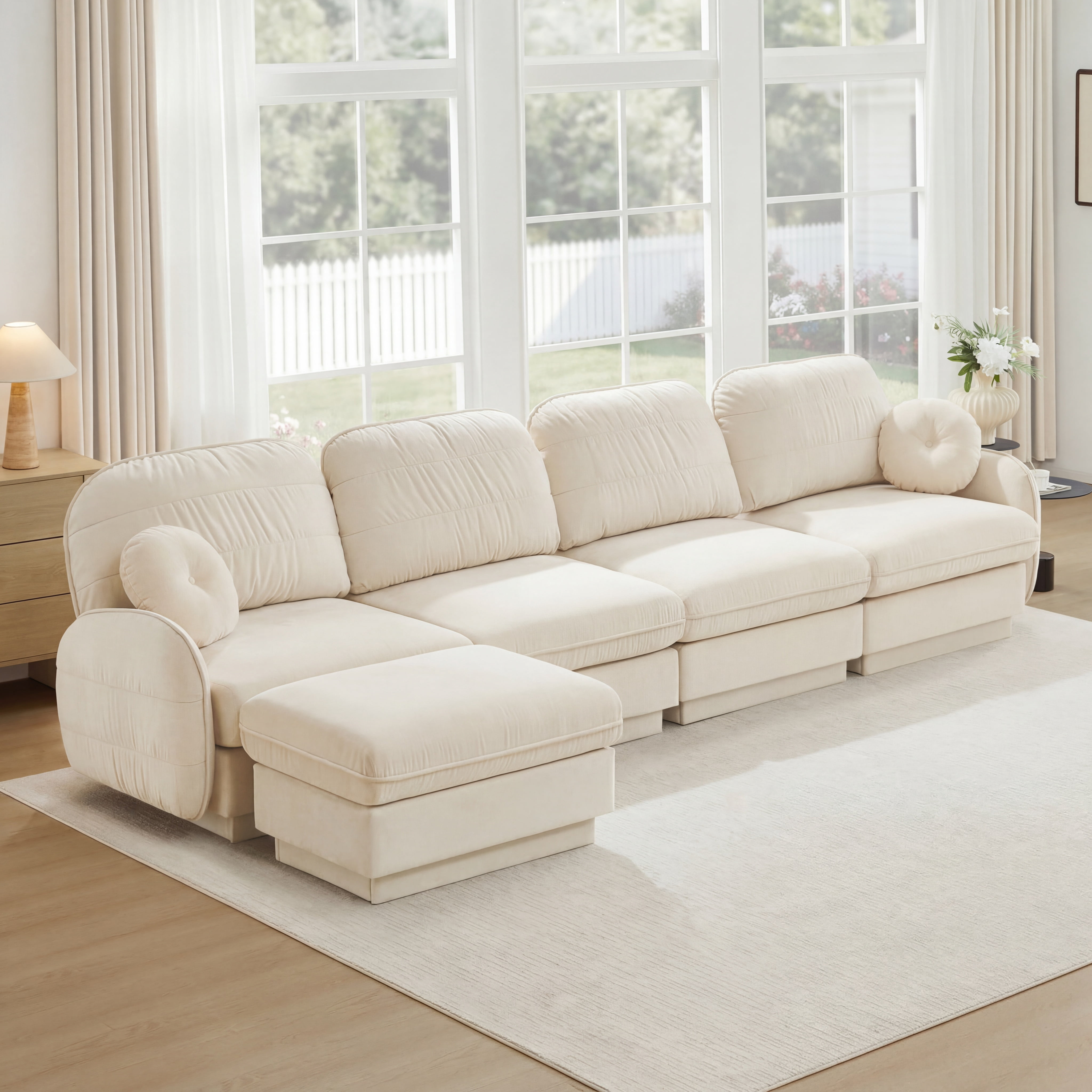Mintazer 137" Chenille Cloud 4-Seater Modular Sectional Sofa with Movable Ottoman & Round Pillows, L-Shaped Ergonomic Sofa Couch for Living Room, Apartment, Cream