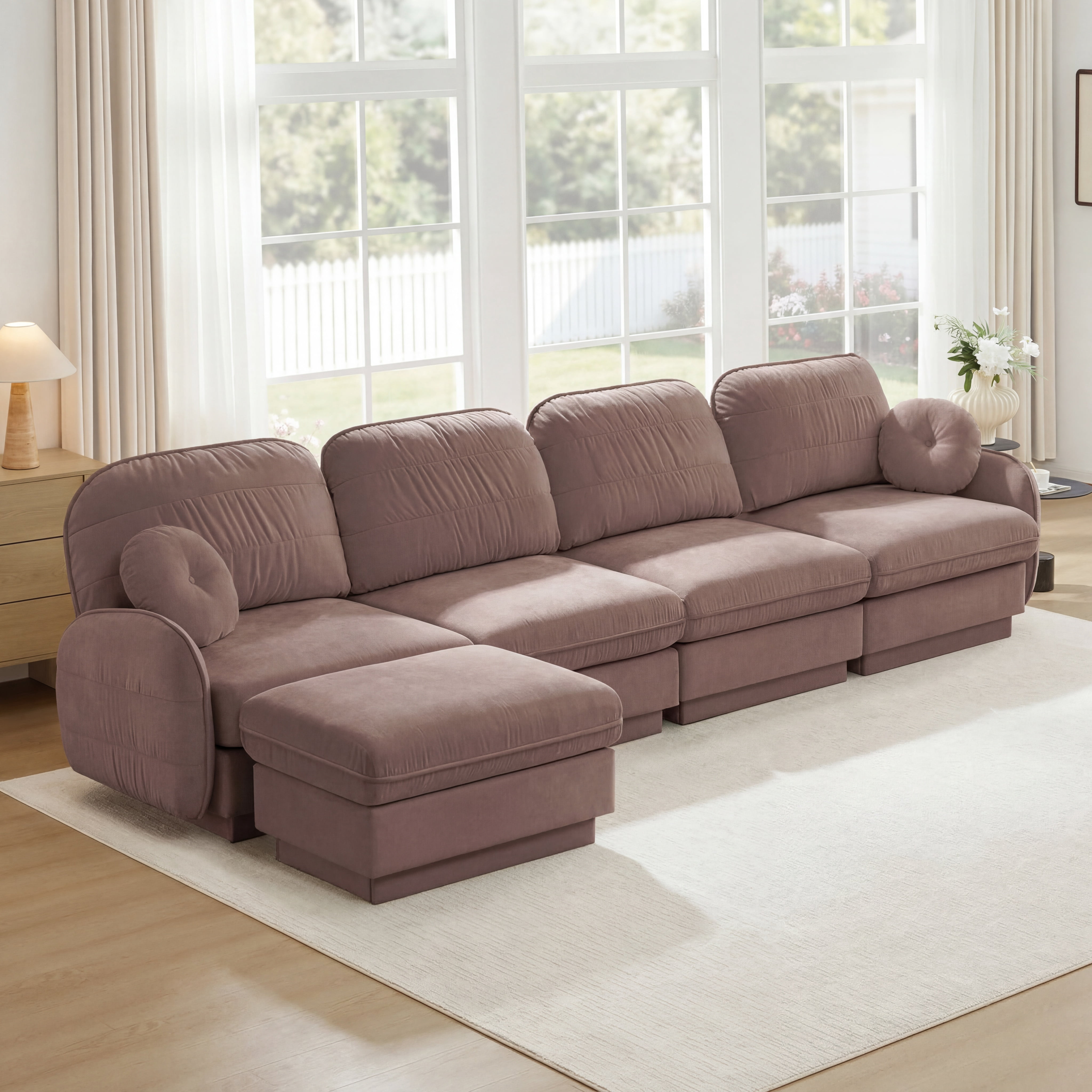 Mintazer 137" Chenille Cloud 4-Seater Modular Sectional Sofa with Movable Ottoman & Round Pillows, L-Shaped Ergonomic Sofa Couch for Living Room, Apartment, Rose Dust