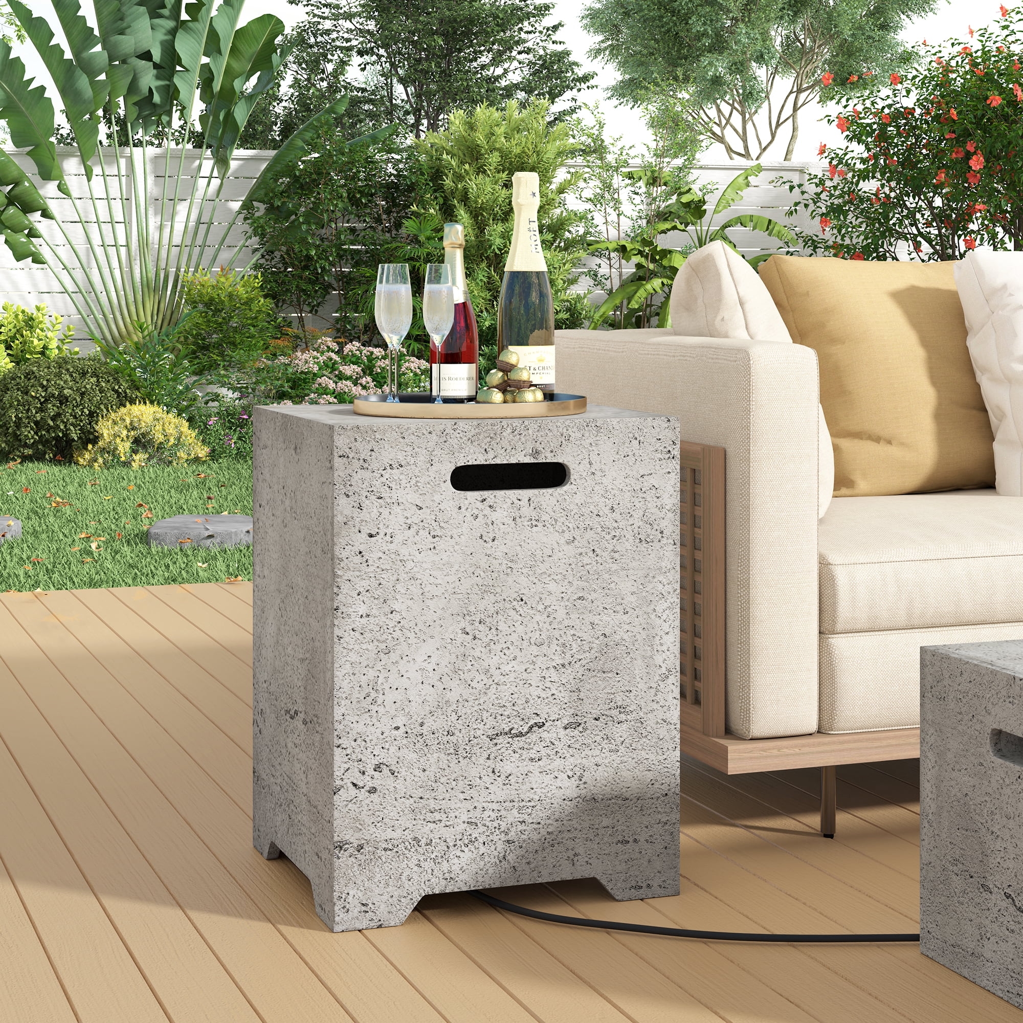 Mintazer 15.75" Outdoor Propane Tank Cover Table with Side Handles & Protective Cover for Patio Backyard, No Assembly Needed, Light Gray